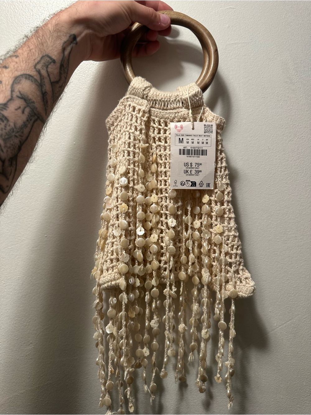 ZARA Beaded Crochet Fringe Bucket Bag Wooden Handles NWT - Picture 2 of 9